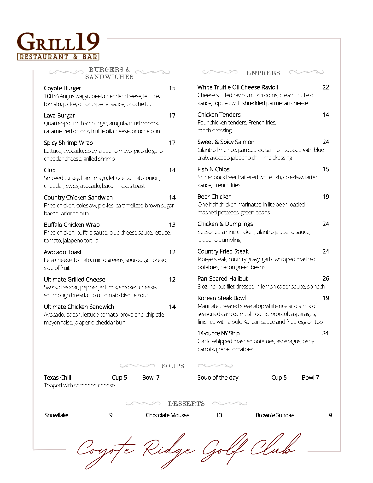 Grill 19 Menu Coyote Ridge Golf Club Grill 19 Menu Coyote Ridge Golf Club